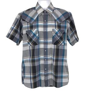 Sheplers Men's Short Sleeve Pearl Snap Button Down Blue & Gray Plaid Size M